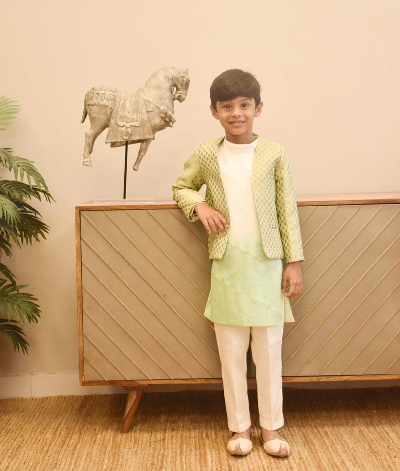 Manufactured by FAYON KIDS (Noida, U.P) Pista Green Brocade Jacket with Kurta and Pant for Boys