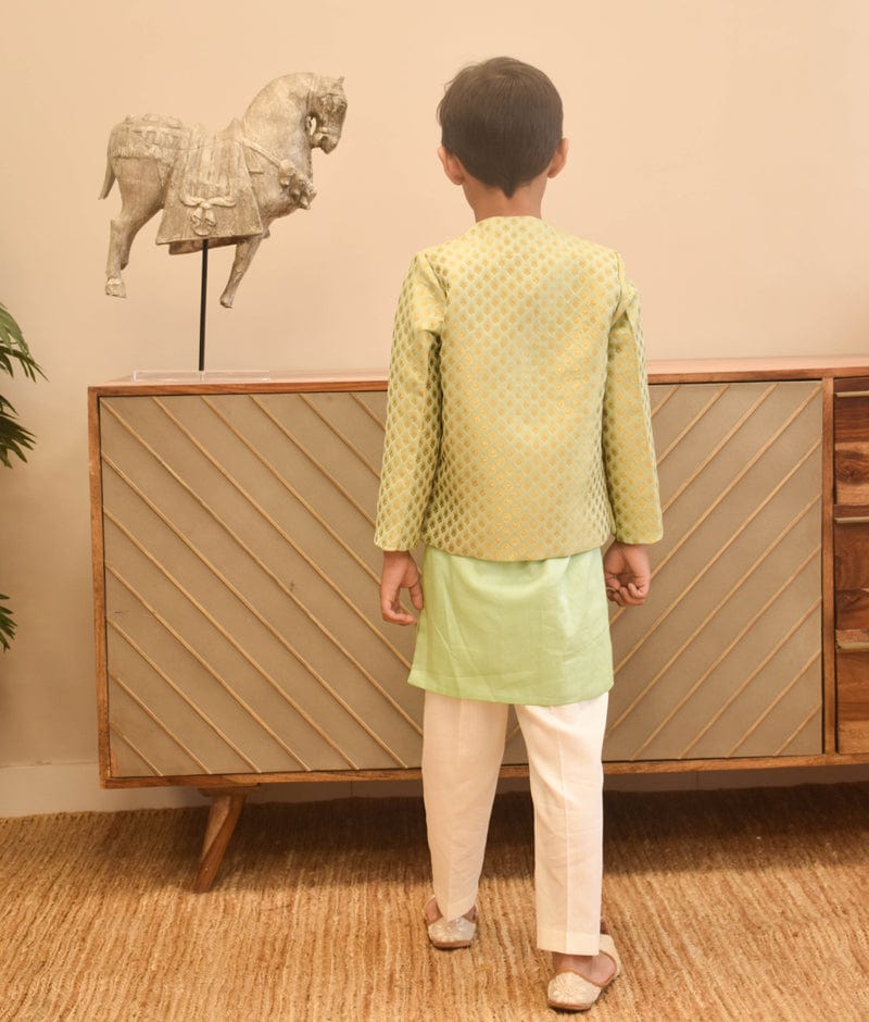 Manufactured by FAYON KIDS (Noida, U.P) Pista Green Brocade Jacket with Kurta and Pant for Boys