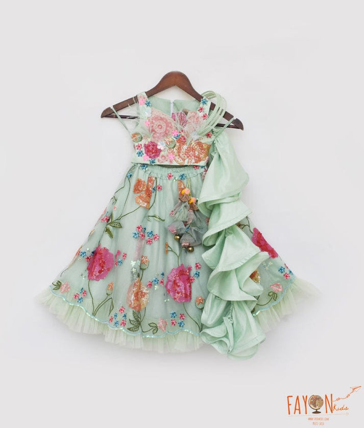 Manufactured by FAYON KIDS (Noida, U.P) Pista Green Embroidered Crop Top Skirt for Girls