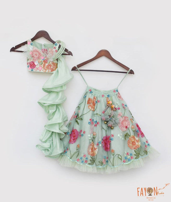 Manufactured by FAYON KIDS (Noida, U.P) Pista Green Embroidered Crop Top Skirt for Girls