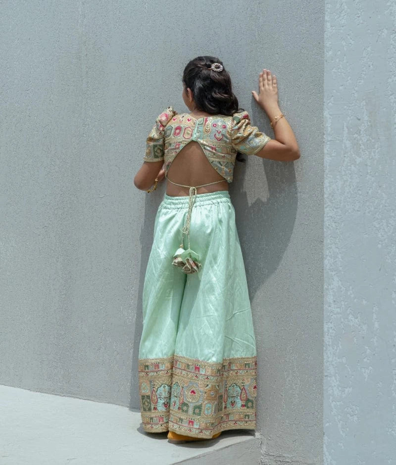 Pista Green Embroidered Crop Top with Palazzo