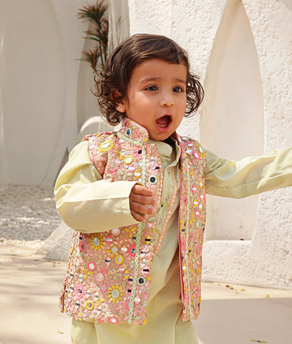 Manufactured by FAYON KIDS (Noida, U.P) Pista Green Embroidered Jacket with Kurta and Pant