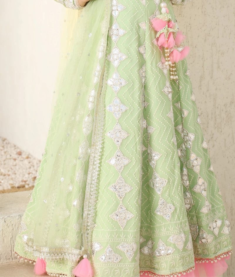 Pista Green Gota Embroidery Anarkali with Boti Net Dupatta for Girls