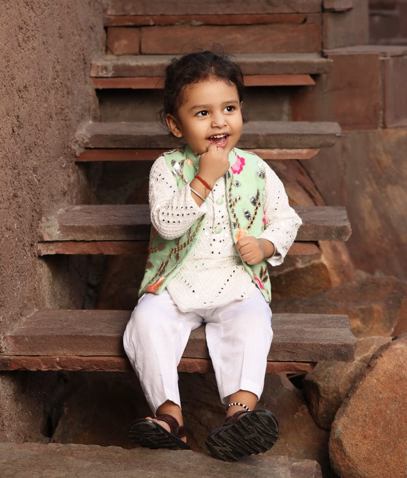 Manufactured by FAYON KIDS (Noida, U.P) Pista Green Gotta Embroidery Jacket And White Mirror Kurta Pant for Boys