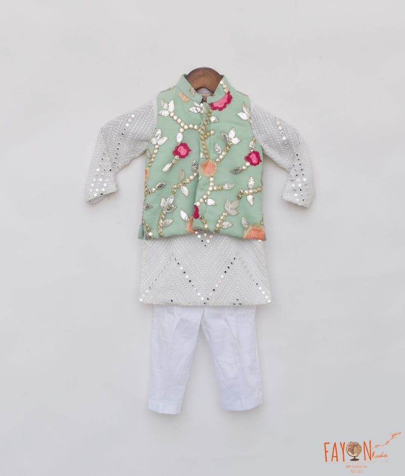 Manufactured by FAYON KIDS (Noida, U.P) Pista Green Gotta Embroidery Jacket And White Mirror Kurta Pant for Boys