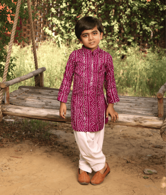 Manufactured by FAYON KIDS (Noida, U.P) Purple Bandhej Kurta Set