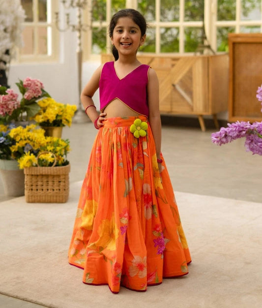 Manufactured by FAYON KIDS (Noida, U.P) Purple Crop Top with Printed Skirt