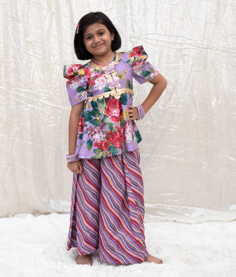 Manufactured by FAYON KIDS (Noida, U.P) Purple Printed Peplum Kurti with Plazo