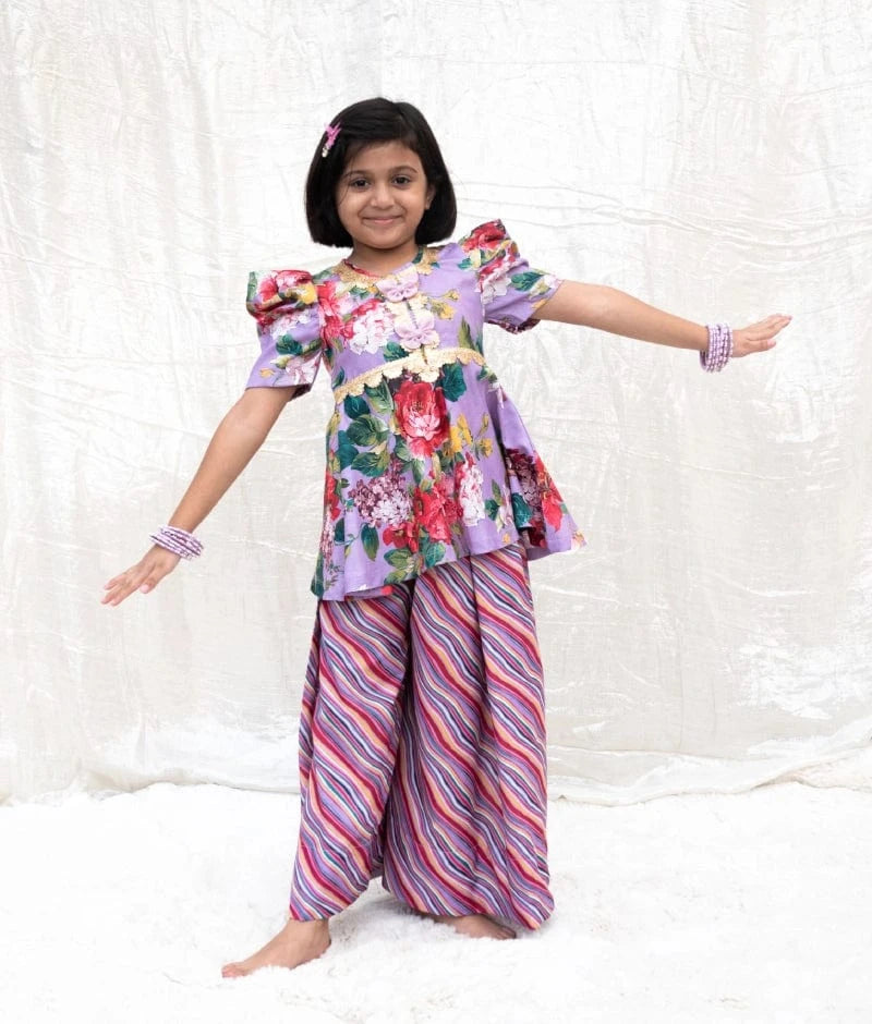 Manufactured by FAYON KIDS (Noida, U.P) Purple Printed Peplum Kurti with Plazo