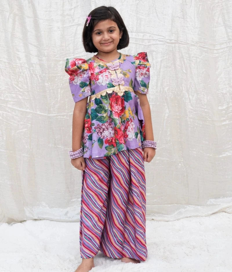 Manufactured by FAYON KIDS (Noida, U.P) Purple Printed Peplum Kurti with Plazo