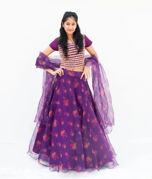 Manufactured by FAYON KIDS (Noida, U.P) Purple Tassel Choli with Printed Lehenga Set