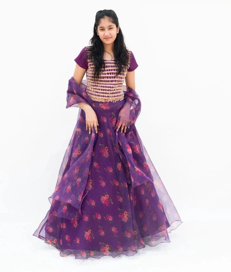 Manufactured by FAYON KIDS (Noida, U.P) Purple Tassel Choli with Printed Lehenga Set