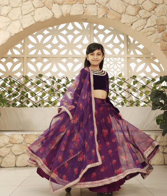 Manufactured by FAYON KIDS (Noida, U.P) Purple Velvet Choli with Printed Lehenga  for Girls
