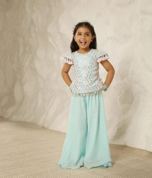 Manufactured by FAYON KIDS (Noida, U.P) Radiant Azure: Blue Mirror-Embroidered Plazzo Pant set