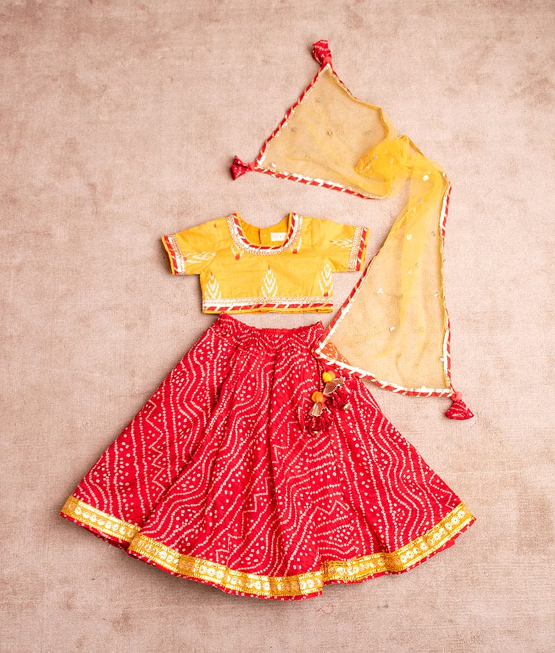 Manufactured by FAYON KIDS (Noida, U.P) Red Bandhej Lehenga Set