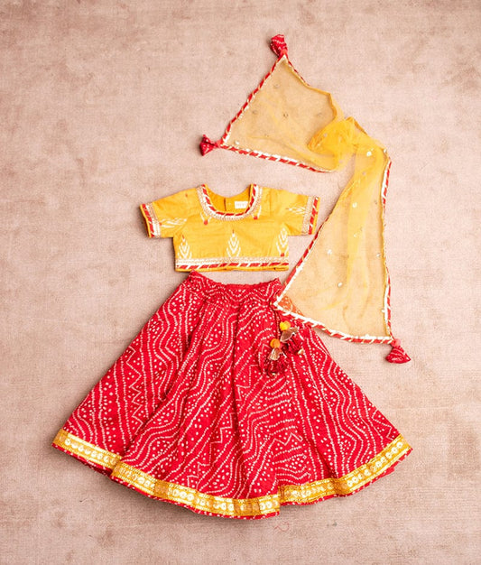 Manufactured by FAYON KIDS (Noida, U.P) Red Bandhej Lehenga Set