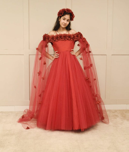 Red Net Flower Gown