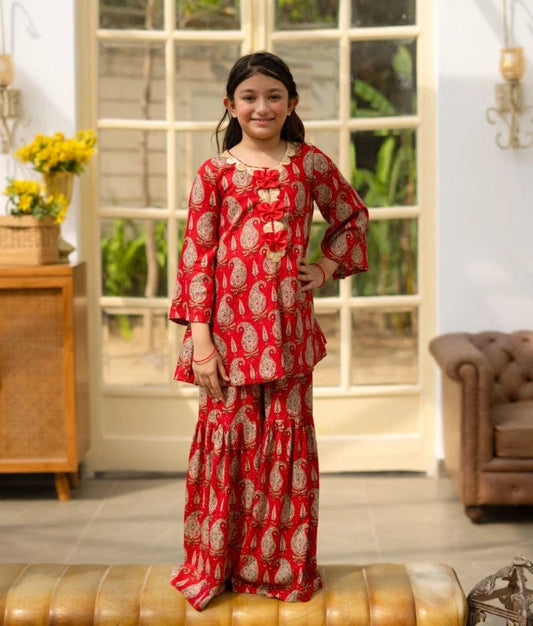 Manufactured by FAYON KIDS (Noida, U.P) Red Printed Kurti Sharara Set