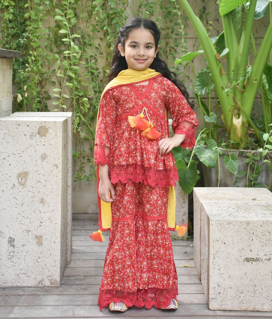 Manufactured by FAYON KIDS (Noida, U.P) Red Printed Sharara Set