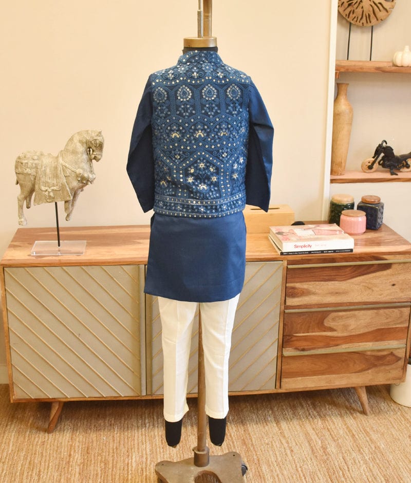 Manufactured by FAYON KIDS (Noida, U.P) Regal Blue Ensemble: Embroidered Nehru Jacket Set