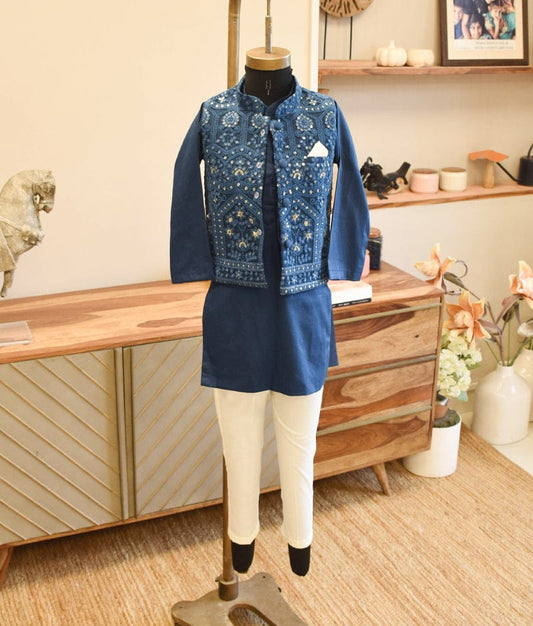 Manufactured by FAYON KIDS (Noida, U.P) Regal Blue Ensemble: Embroidered Nehru Jacket Set