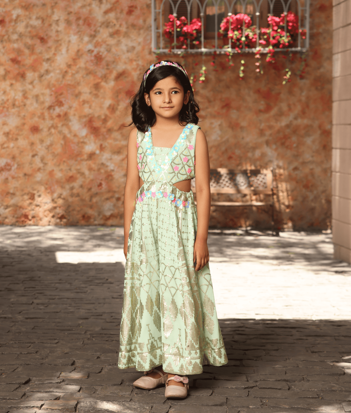 Manufactured by FAYON KIDS (Noida, U.P) Sea Green Sequence Embroidery Jumpsuit