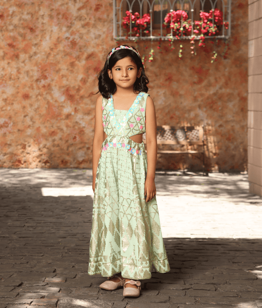 Manufactured by FAYON KIDS (Noida, U.P) Sea Green Sequence Embroidery Jumpsuit