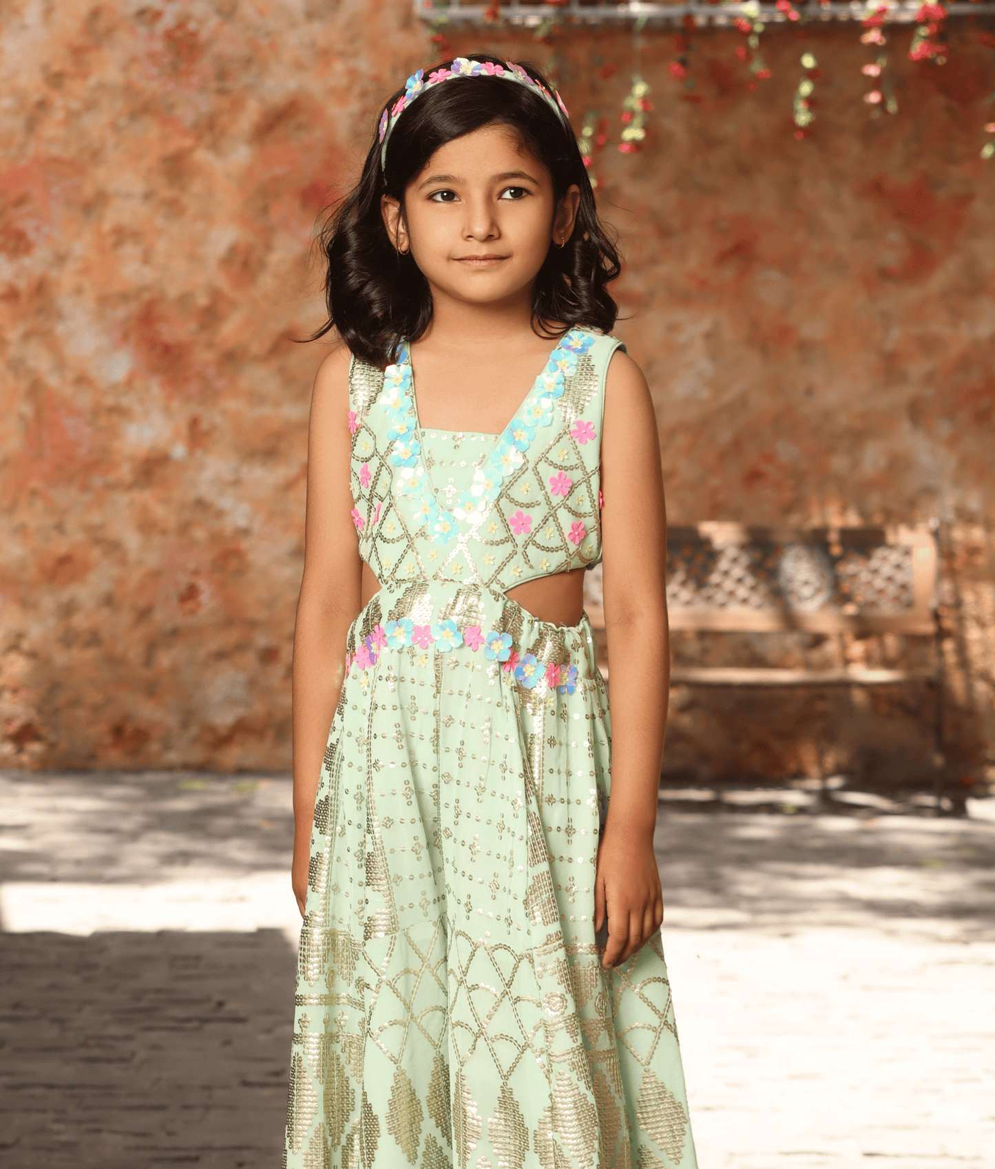 Manufactured by FAYON KIDS (Noida, U.P) Sea Green Sequence Embroidery Jumpsuit