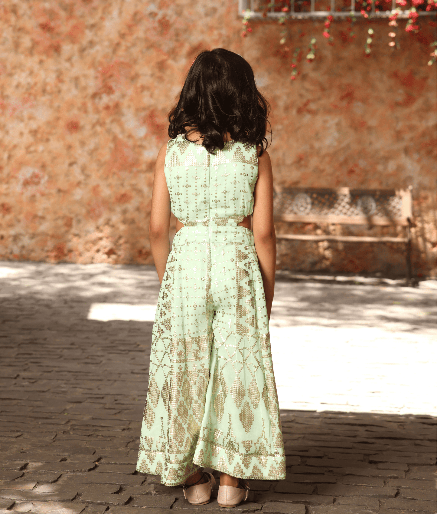 Manufactured by FAYON KIDS (Noida, U.P) Sea Green Sequence Embroidery Jumpsuit