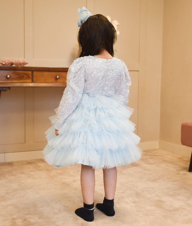 Starry Skies: Blue Embroidered Net Frock for Girls