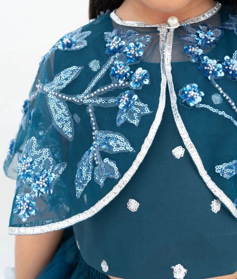 Manufactured by FAYON KIDS (Noida, U.P) Teal Blue Elegance: Crop Top Skirt with Embroidered Cape