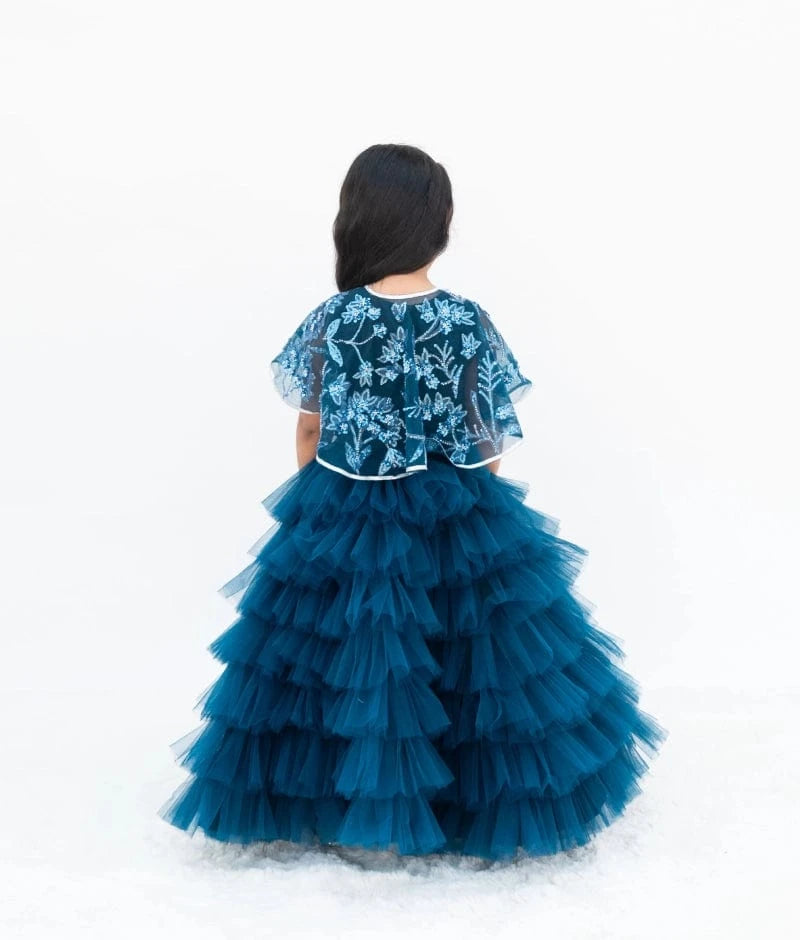 Manufactured by FAYON KIDS (Noida, U.P) Teal Blue Elegance: Crop Top Skirt with Embroidered Cape