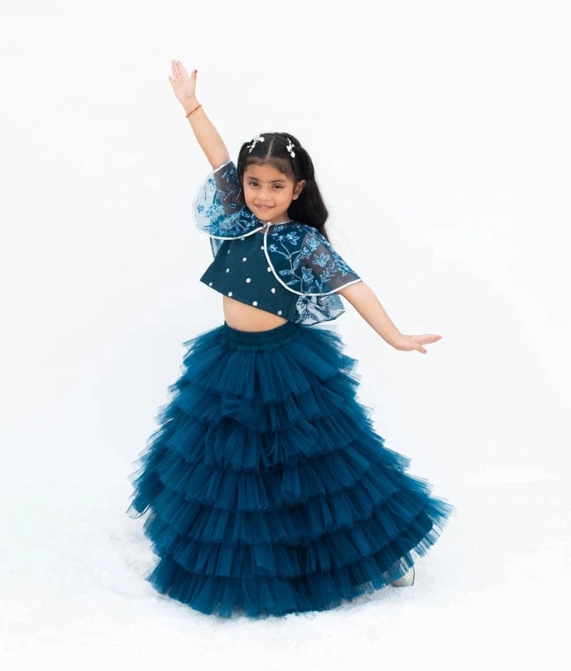 Manufactured by FAYON KIDS (Noida, U.P) Teal Blue Elegance: Crop Top Skirt with Embroidered Cape