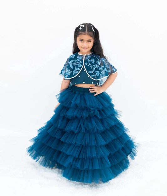 Manufactured by FAYON KIDS (Noida, U.P) Teal Blue Elegance: Crop Top Skirt with Embroidered Cape