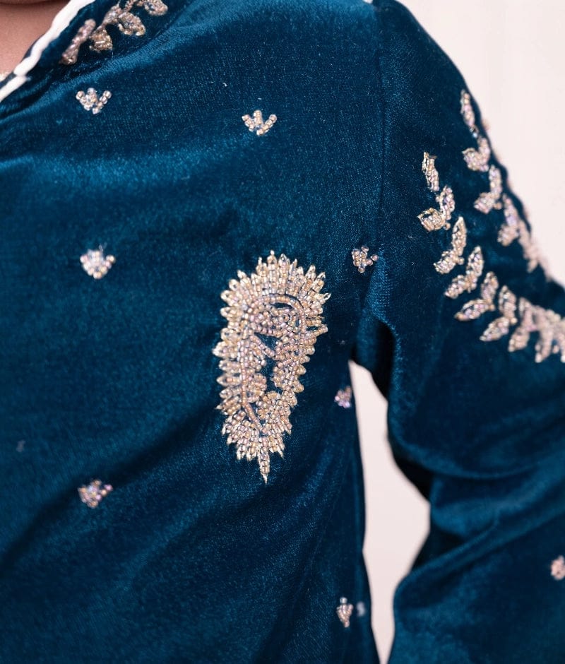 Manufactured by FAYON KIDS (Noida, U.P) Teal Blue Embroidered Bandgala Set