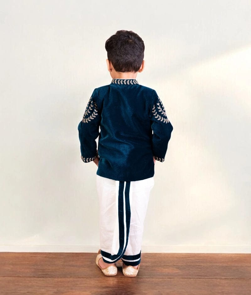 Manufactured by FAYON KIDS (Noida, U.P) Teal Blue Embroidered Bandgala Set