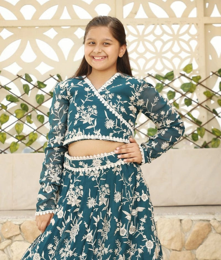 Manufactured by FAYON KIDS (Noida, U.P) Teal Blue Parsi work Lehenga Choli for Girls
