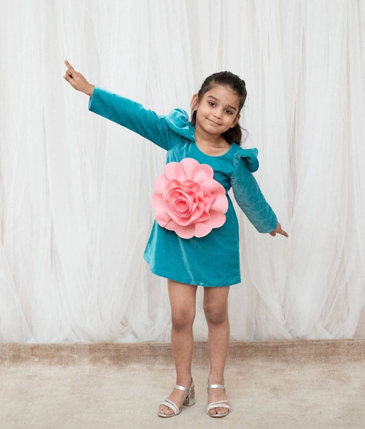 Manufactured by FAYON KIDS (Noida, U.P) Teal Blue Velvet Dress