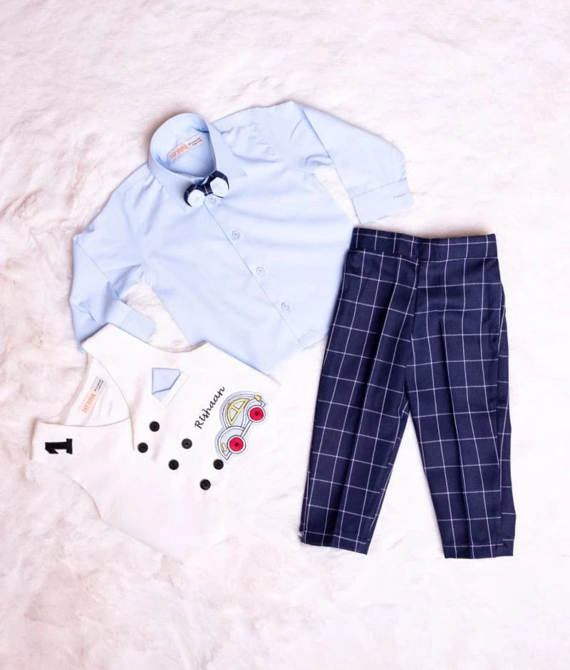 Manufactured by FAYON KIDS (Noida, U.P) White Car Motif Waistcoat Set