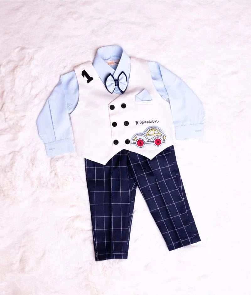 Manufactured by FAYON KIDS (Noida, U.P) White Car Motif Waistcoat Set