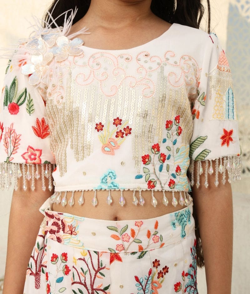 Manufactured by FAYON KIDS (Noida, U.P) White Embroidered Crop top with Plazzo