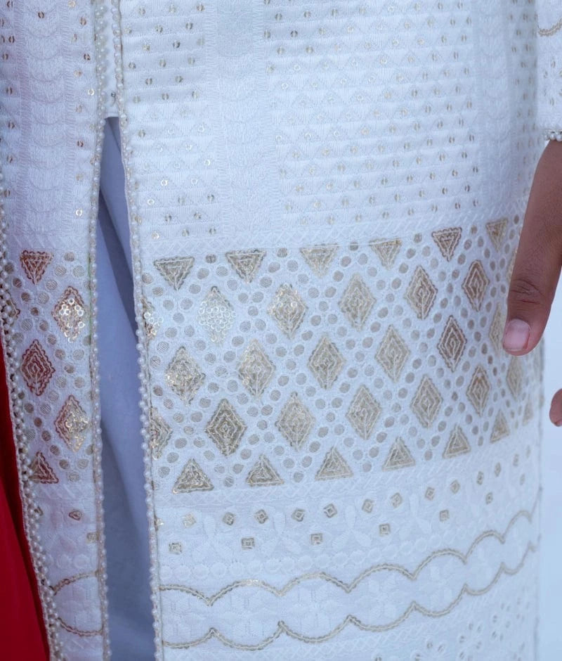 Manufactured by FAYON KIDS (Noida, U.P) White Embroidered Sherwani Set