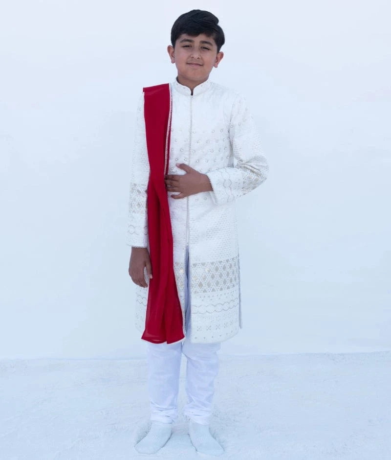 Manufactured by FAYON KIDS (Noida, U.P) White Embroidered Sherwani Set
