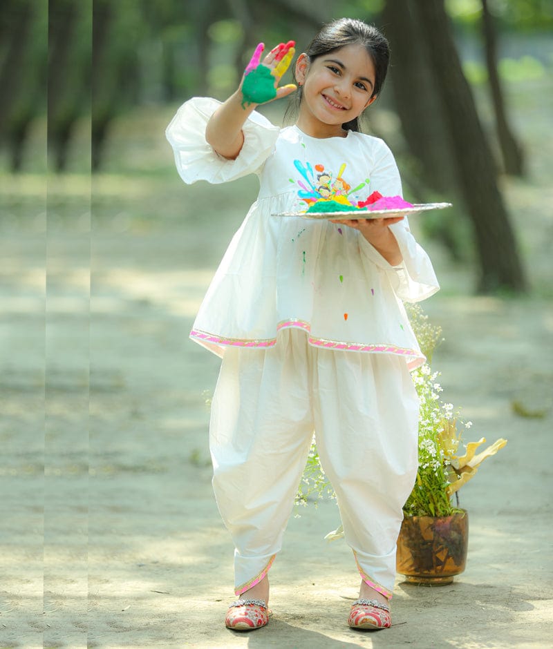 White Peplum Kurti with Dhoti for Girls