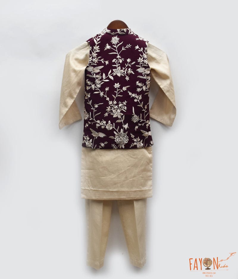 Manufactured by FAYON KIDS (Noida, U.P) Wine Embroidery Jacket with Kurta and Pant