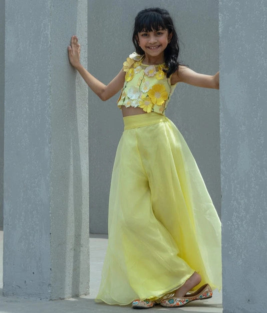 Yellow 3D Flower Top with Organza Palazzo