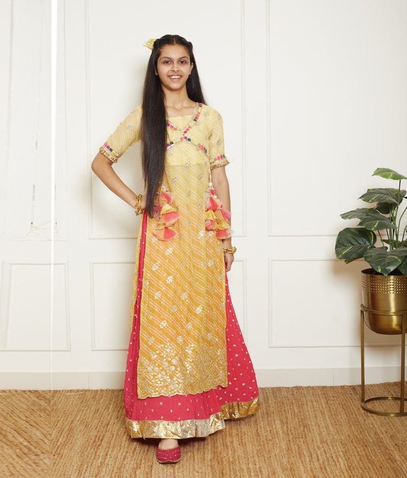 Manufactured by FAYON KIDS (Noida, U.P) Yellow Bandhaj Kurti with Crinkle Skirt for Girls