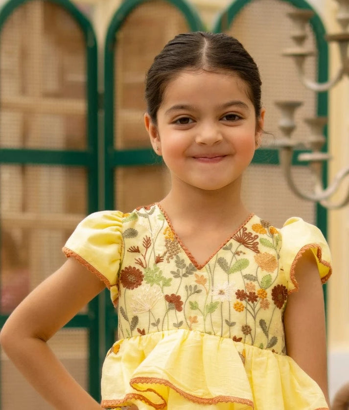 Manufactured by FAYON KIDS (Noida, U.P) Yellow Embroidered Kurti & Lehenga Set