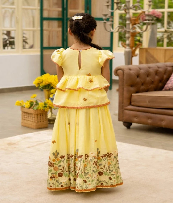 Manufactured by FAYON KIDS (Noida, U.P) Yellow Embroidered Kurti & Lehenga Set