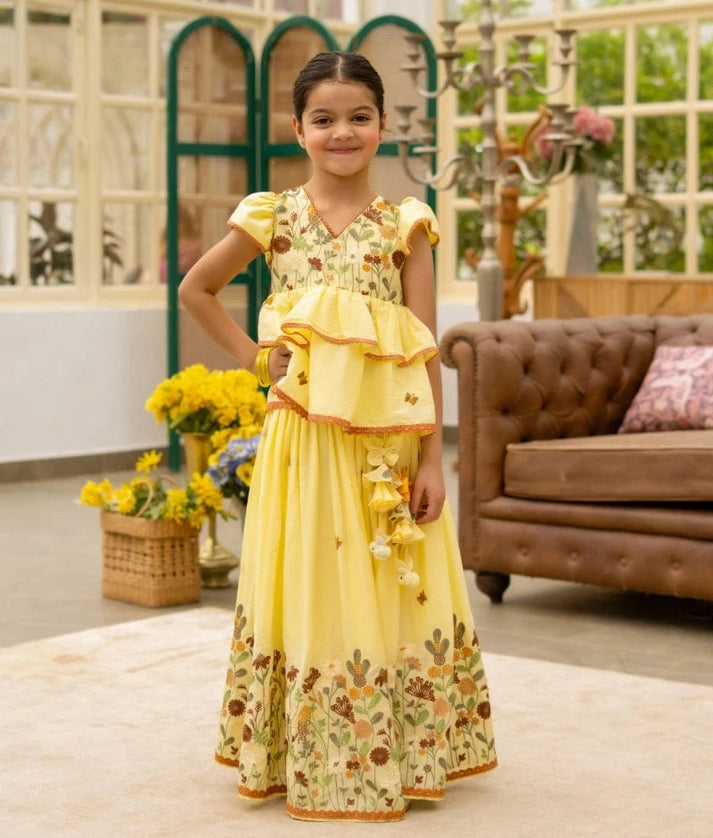 Manufactured by FAYON KIDS (Noida, U.P) Yellow Embroidered Kurti & Lehenga Set